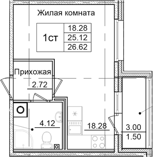 Квартира студия 26.62 м², 2/9 эт., ЖК «Квартал Заречье»